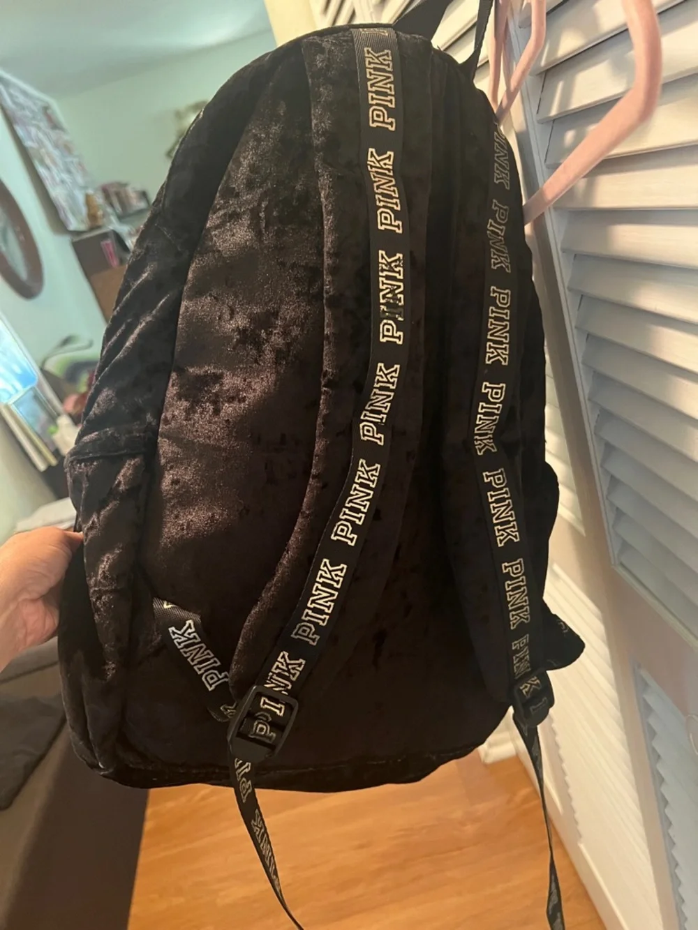 #1815**PINK Victoria's Secret Black Velvet Backpack/Stylish Everyday Unisex Bag